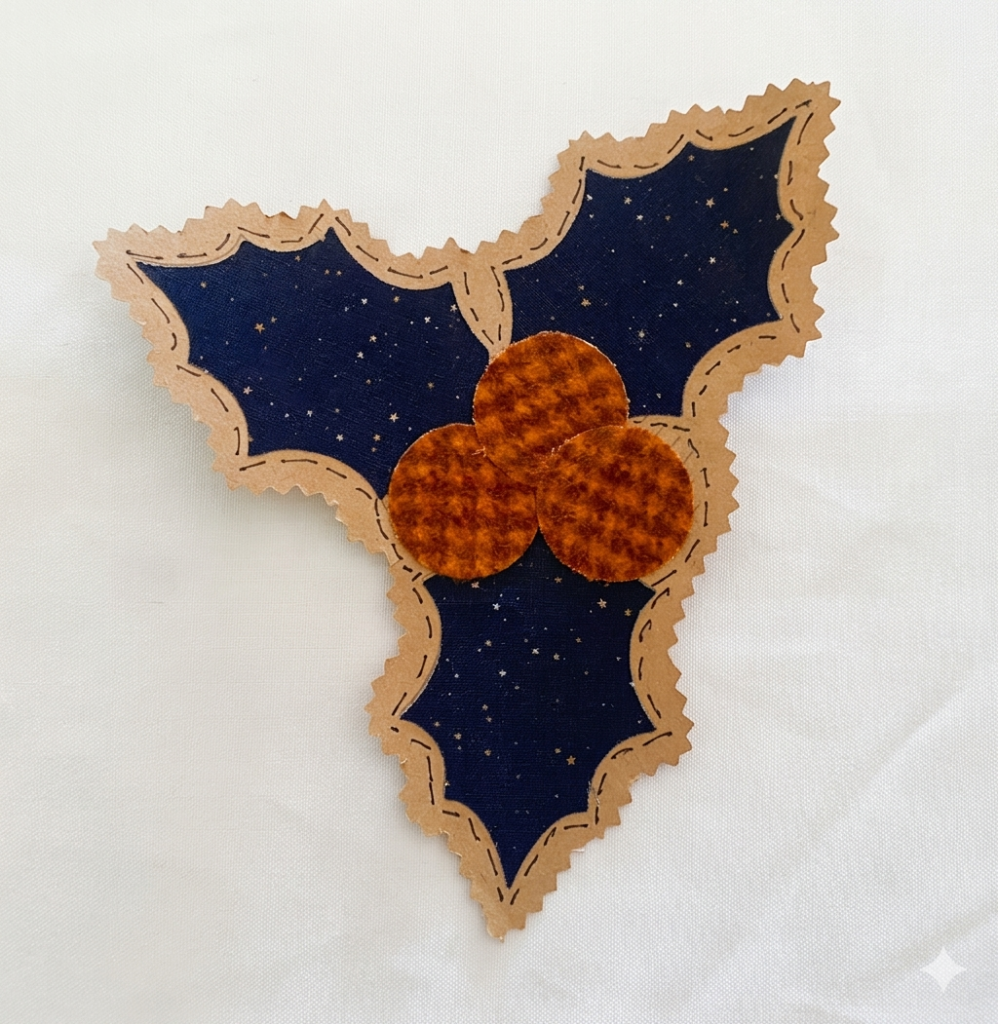 Holly o’ Whimsy DIY fabric-and-paper craft project featuring layered holly leaves and berries